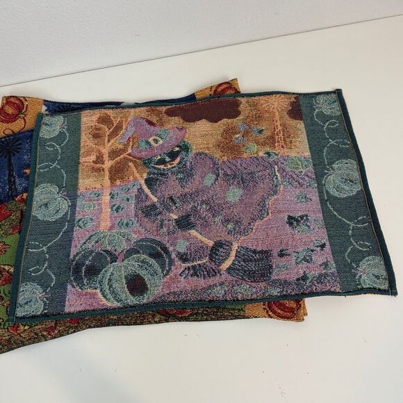 4 Vintage Scarecrow Tapestry Placemat Set Halloween Autumn - Picture 6 of 8